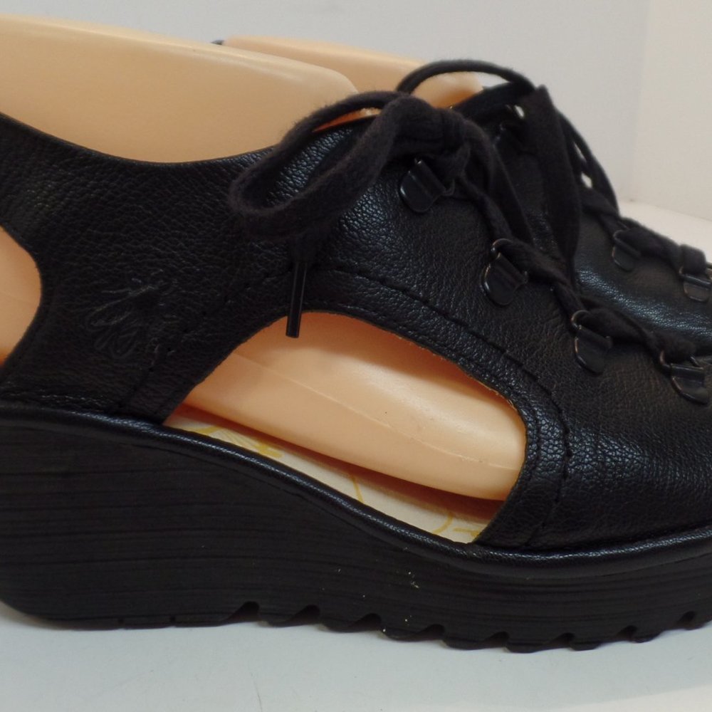 FLY London Black Leather Wedge Lace Up Sandals Shoes "Ylfa" Size 41 or US 10.5 - Picture 2 of 12